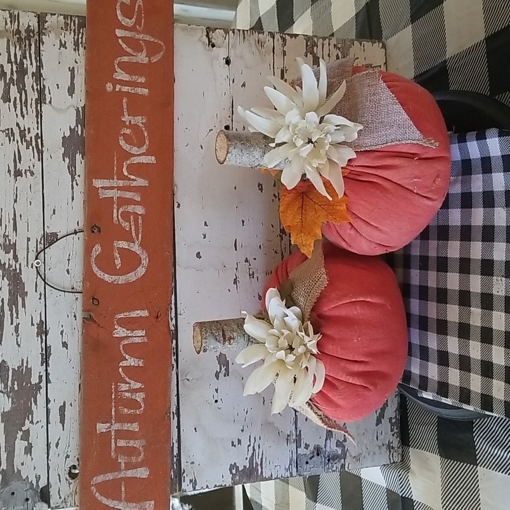 2 Painted Orange fabric stuffed pumpkin **Set of 2 fall decoration